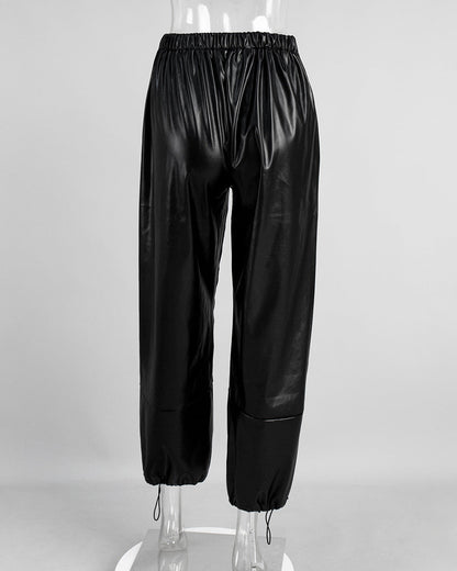 Cardydony Women's PU Leather Women's Pants – Wide Leg Streetwear Drawstring Trousers