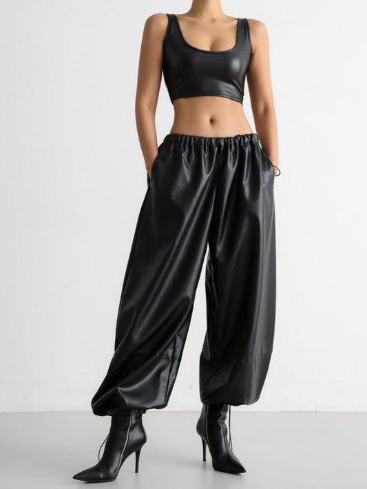 Cardydony Women's PU Leather Women's Pants – Wide Leg Streetwear Drawstring Trousers