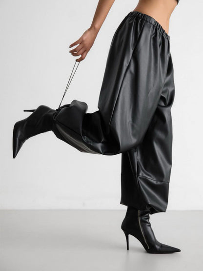 Cardydony Women's PU Leather Women's Pants – Wide Leg Streetwear Drawstring Trousers