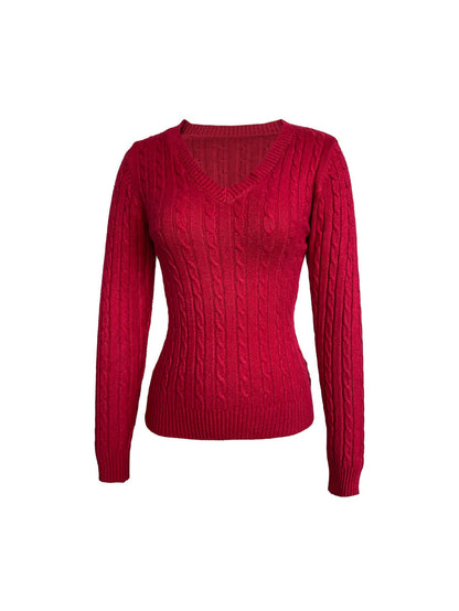 Cardydony Women's Women's Christmas Knit Sweater – Red Cable Knit V-Neck Pullover
