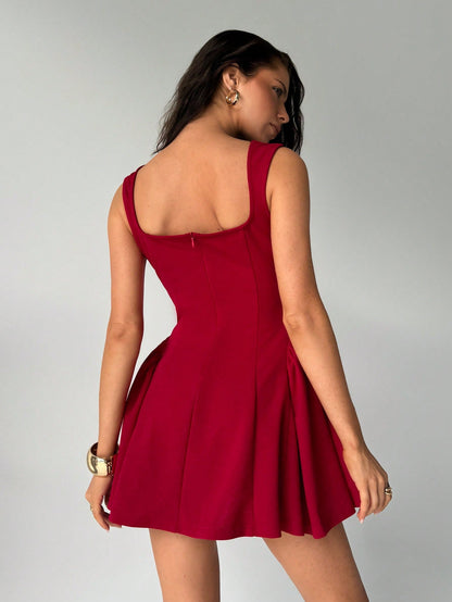 Cardydony Women's Square Neck Sleeveless Mini Dress – Flared Fit in Red & Black for Summer