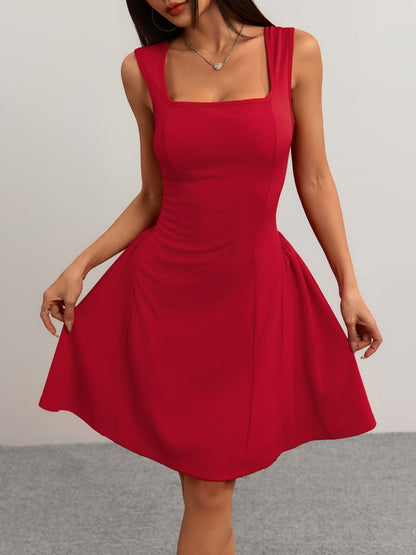 Cardydony Women's Square Neck Sleeveless Mini Dress – Flared Fit in Red & Black for Summer