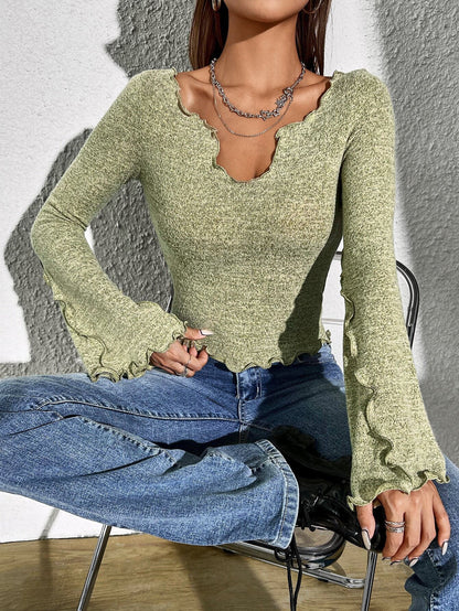 Cardydony Women's Shirt-Style Long Sleeve T-Shirt for Women – Slim Fit Bell Sleeve Green Top