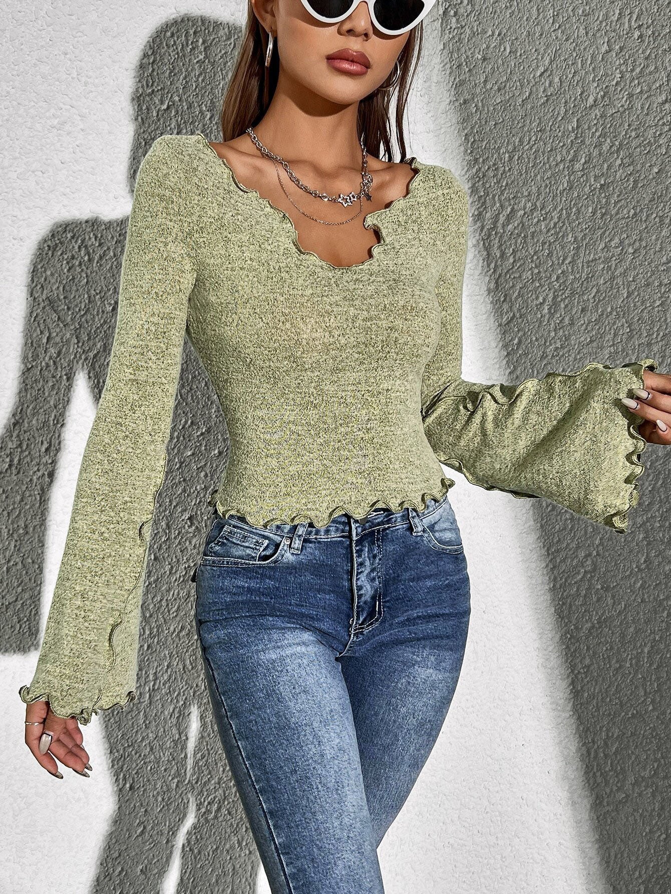 Cardydony Women's Shirt-Style Long Sleeve T-Shirt for Women – Slim Fit Bell Sleeve Green Top