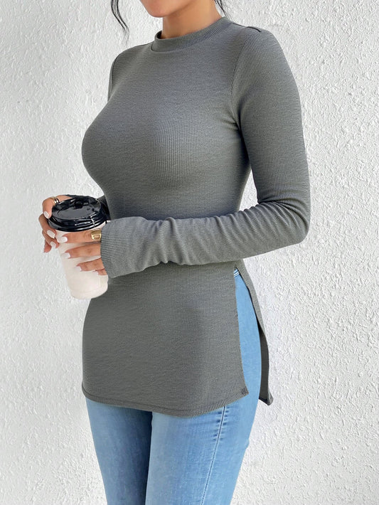 Cardydony Women's Women's Shirt Style Long Sleeve Tee – Slim Fit Ribbed Top with Side Slits