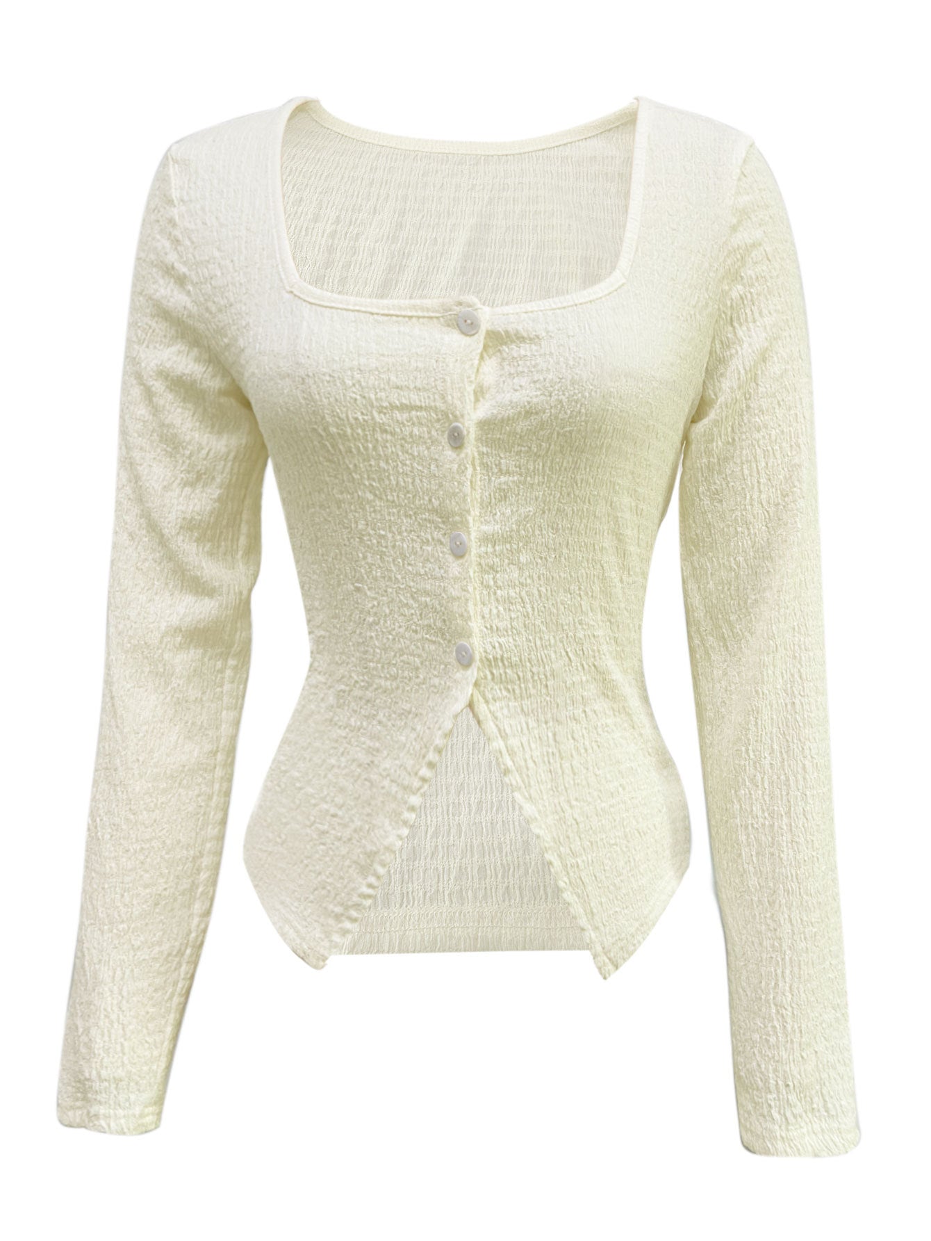 Cardydony Women's Women's Square Neck Long Sleeve Crop Top – Button Front Slim Fit Rib Knit