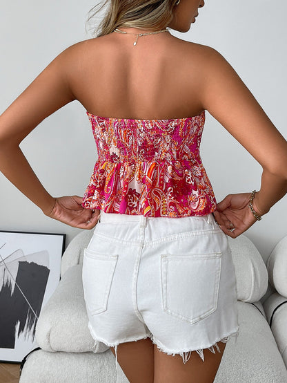 Cardydony Women's Smocked Boho Print Strapless Tube Top with Flare Hem – Sexy Summer Blouse