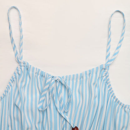 Cardydony Women's Blue Striped Cami Midi Dress – Smocked Waist Summer Dress with Button Detail