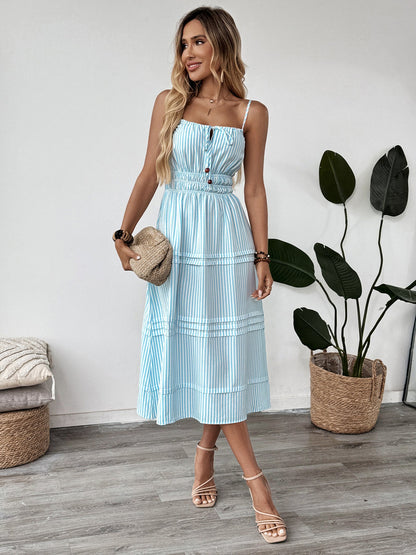 Cardydony Women's Blue Striped Cami Midi Dress – Smocked Waist Summer Dress with Button Detail