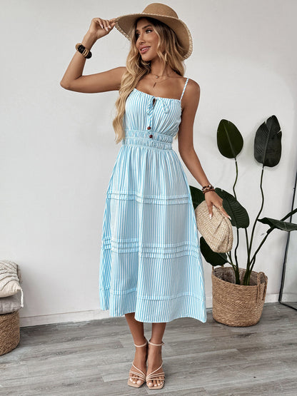 Cardydony Women's Blue Striped Cami Midi Dress – Smocked Waist Summer Dress with Button Detail