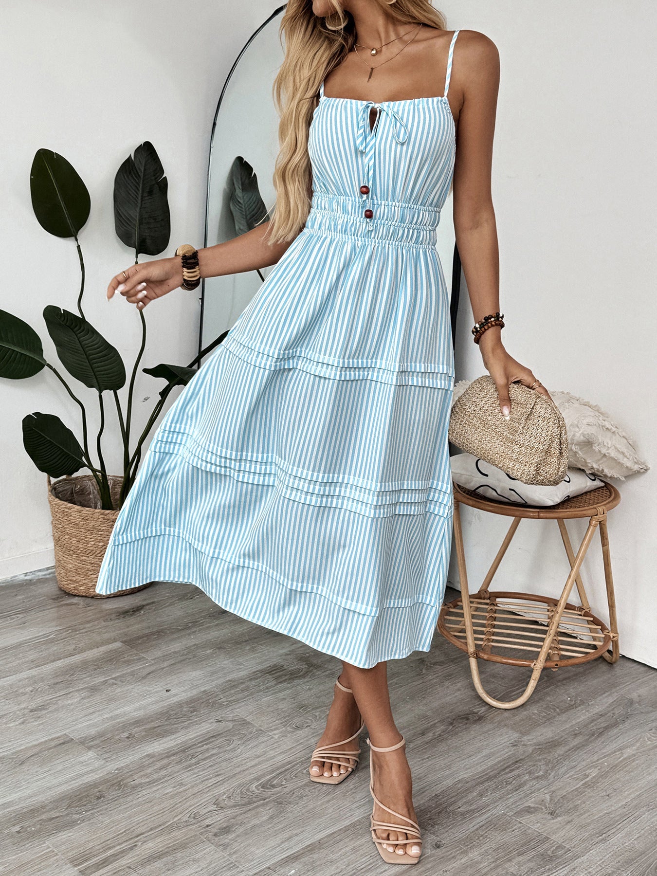 Cardydony Women's Blue Striped Cami Midi Dress – Smocked Waist Summer Dress with Button Detail