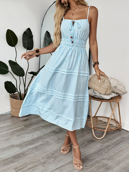 Cardydony Women's Blue Striped Cami Midi Dress – Smocked Waist Summer Dress with Button Detail