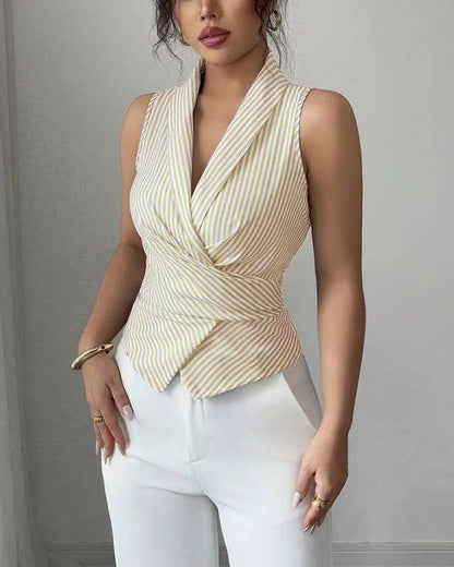 Cardydony Women's Striped Sleeveless Halter Blouse with Tie Waist – Summer Office Shirt for Women