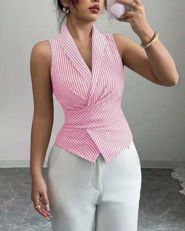 Cardydony Women's Striped Sleeveless Halter Blouse with Tie Waist – Summer Office Shirt for Women