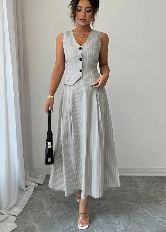 Cardydony Women's Two Piece Skirt Set with Striped Vest and Midi Skirt – Summer Co-ord