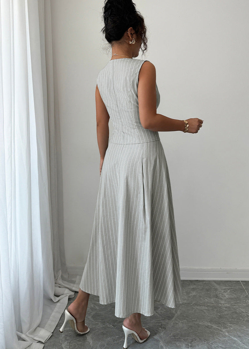 Cardydony Women's Two Piece Skirt Set with Striped Vest and Midi Skirt – Summer Co-ord