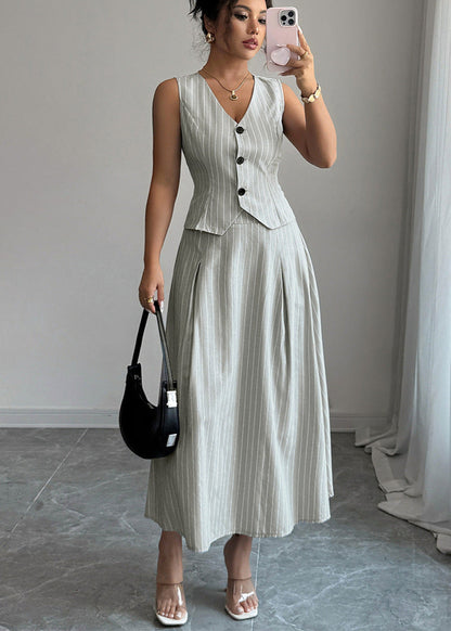 Cardydony Women's Two Piece Skirt Set with Striped Vest and Midi Skirt – Summer Co-ord