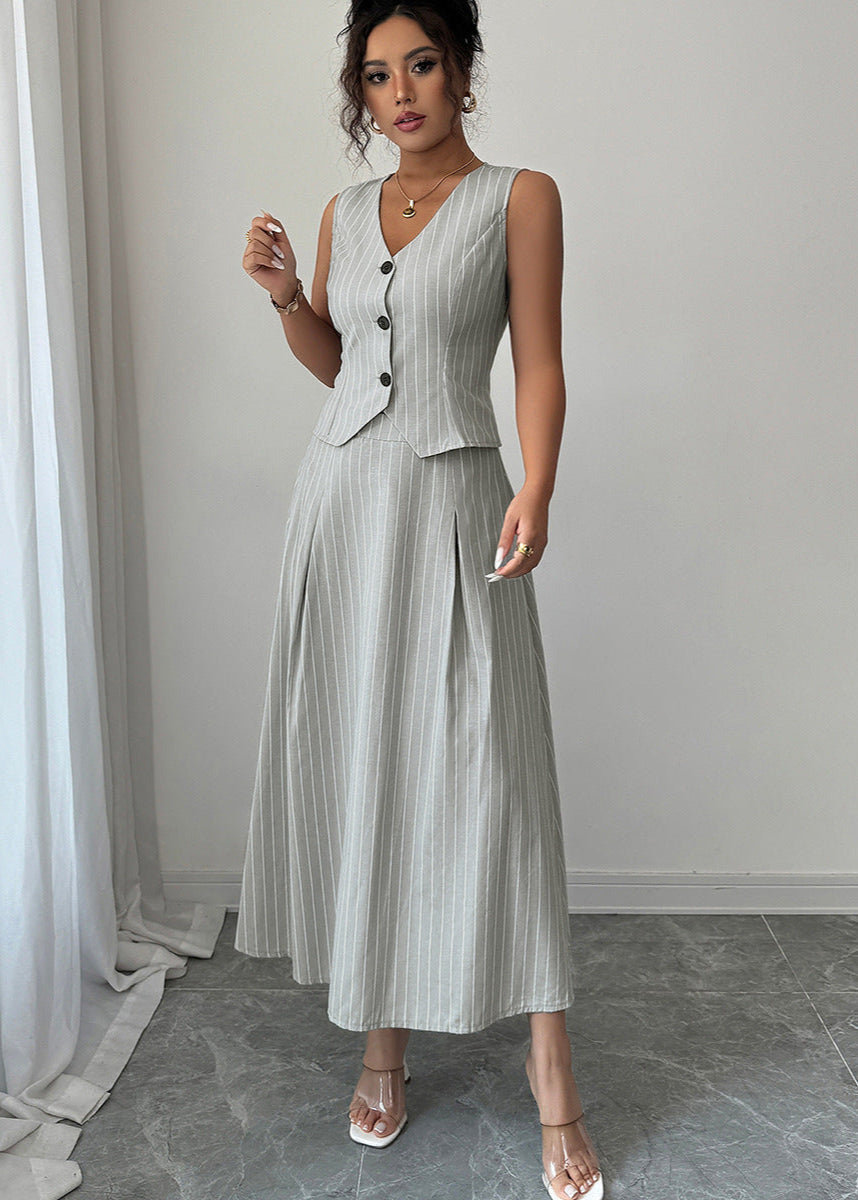 Cardydony Women's Two Piece Skirt Set with Striped Vest and Midi Skirt – Summer Co-ord