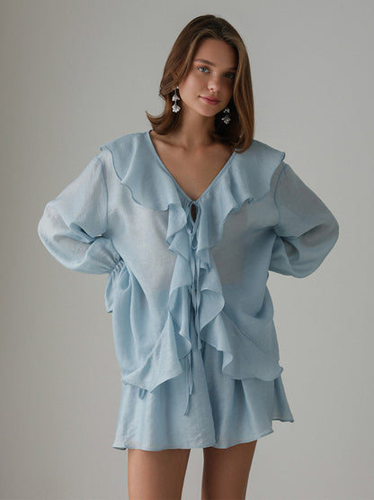 Cardydony Women's Tencel Ruffle Shirt and Shorts Set – Flowy Summer Two-Piece Outfit