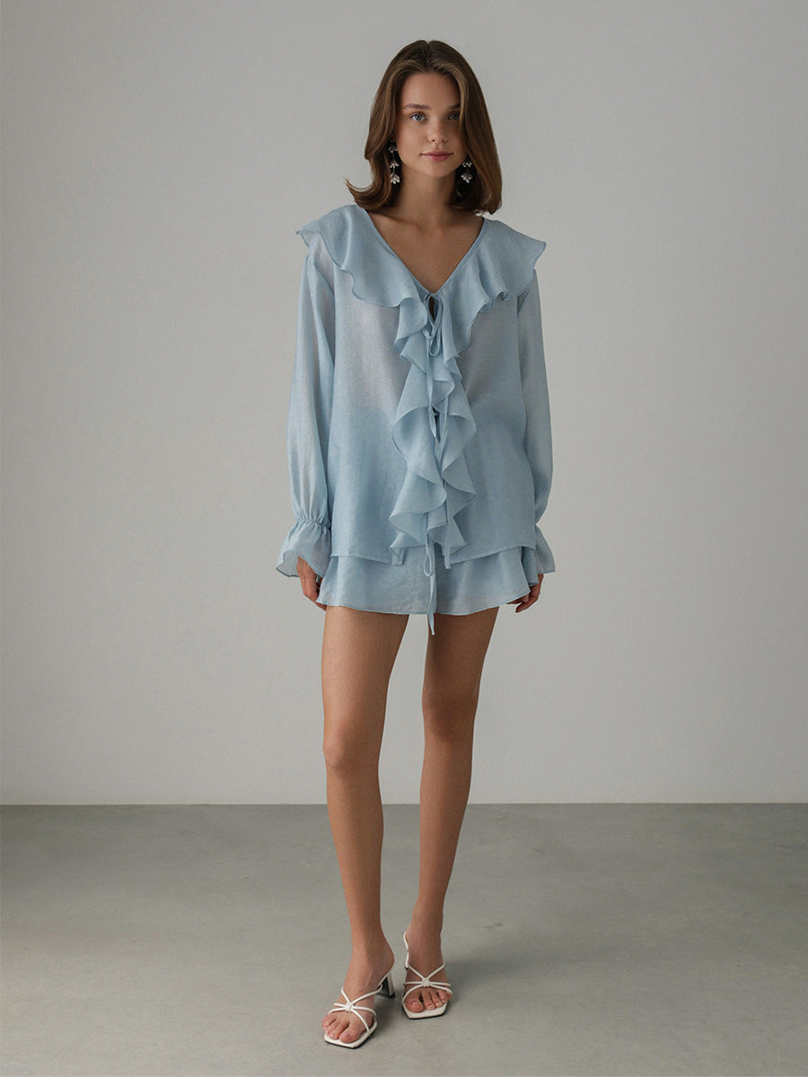 Cardydony Women's Tencel Ruffle Shirt and Shorts Set – Flowy Summer Two-Piece Outfit