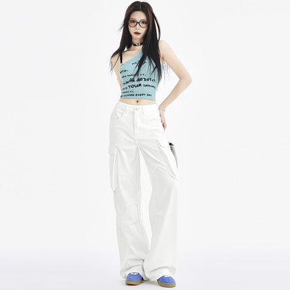 Cardydony Women's White Wide Leg Cargo Jeans – High Waist Loose Fit