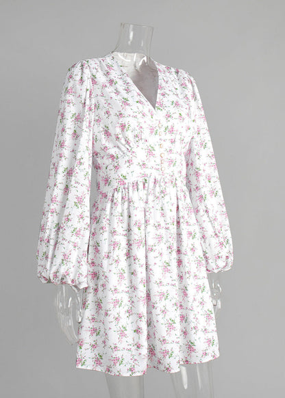 Cardydony Women's V-Neck Floral Mini Dress with Lantern Sleeves | Sweet White Dress for Summer Days
