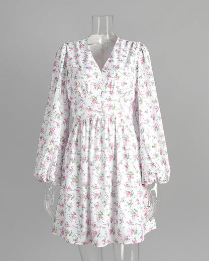 Cardydony Women's V-Neck Floral Mini Dress with Lantern Sleeves | Sweet White Dress for Summer Days