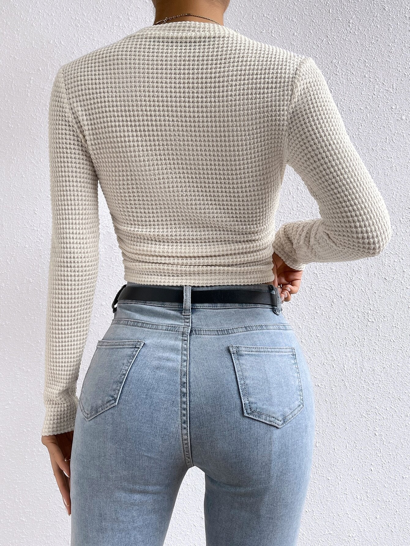 Cardydony Women's Women's Waffle Knit Long Sleeve Crop Top – Slim Fit Crewneck Shirt