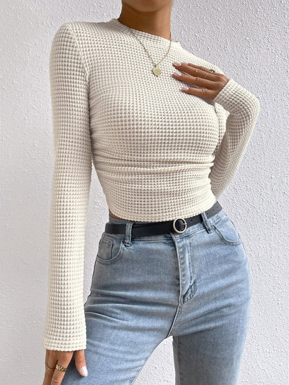 Cardydony Women's Women's Waffle Knit Long Sleeve Crop Top – Slim Fit Crewneck Shirt