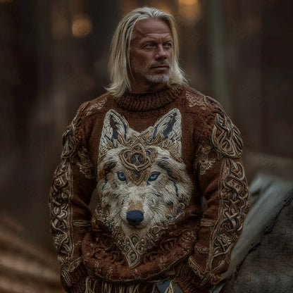Cardydony Men's Viking Wolf Knit Pullover Sweater
