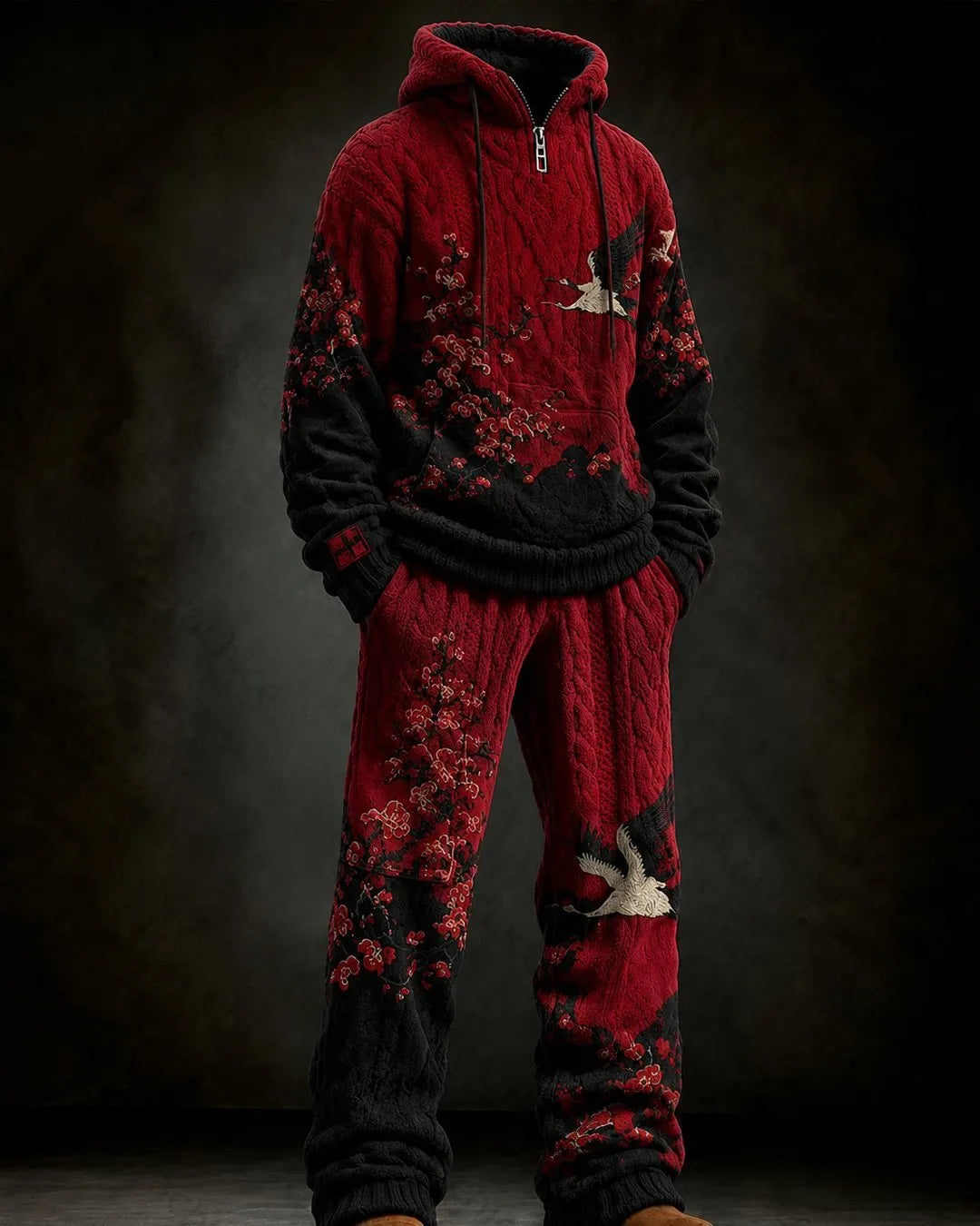 Cardydony Men's Autumn/Winter Japanese Retro Art Print Knit Hoodie & Trousers Two-Piece