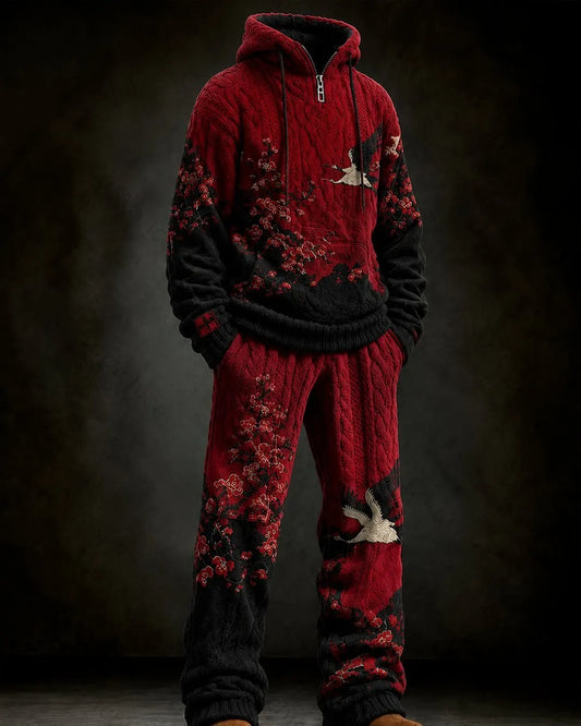 Cardydony Men's Autumn/Winter Japanese Retro Art Print Knit Hoodie & Trousers Two-Piece