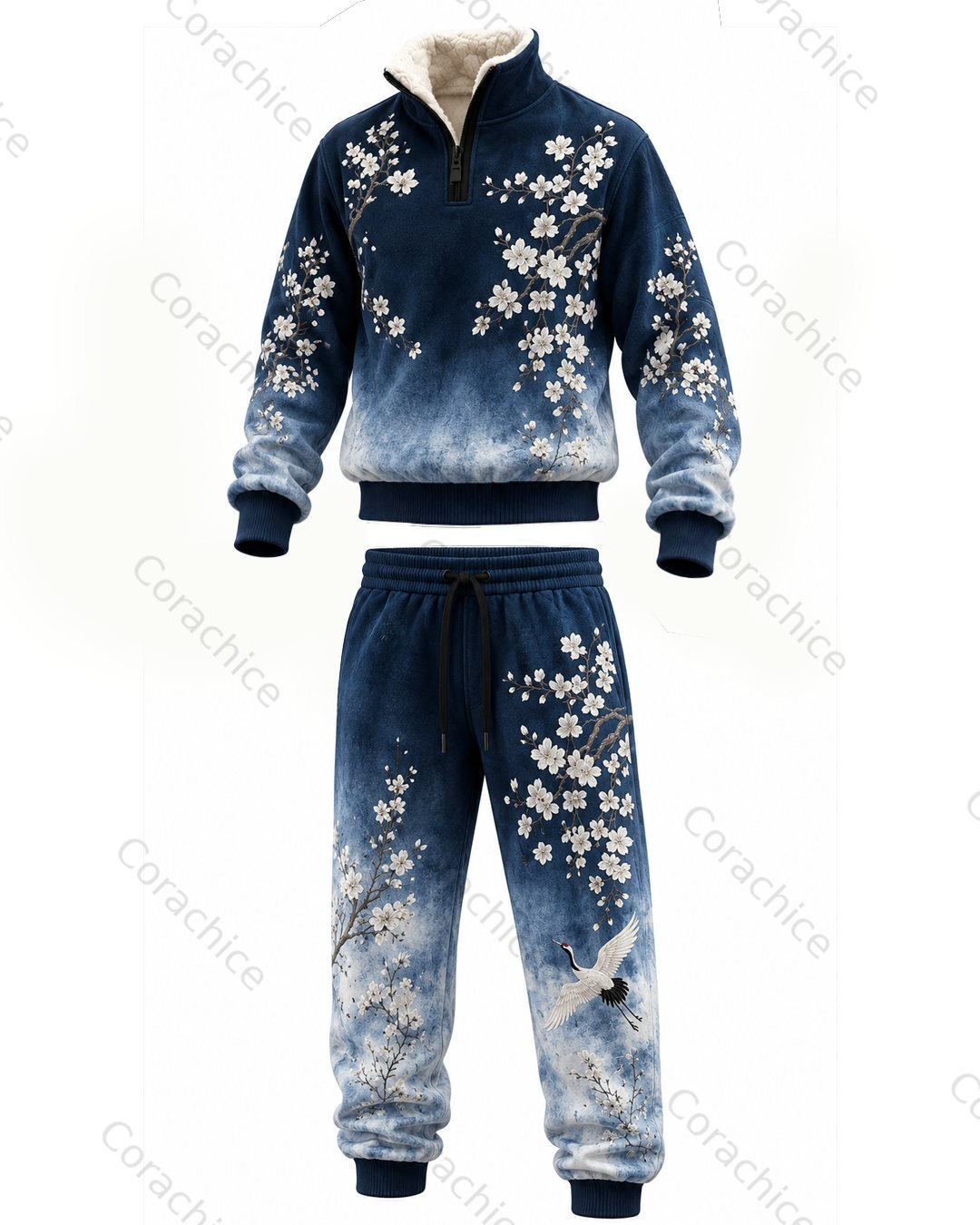 Cardydony Japanese retro art print 1/4 zip-up stand collar thick fleece sweatshirt & sweatpants