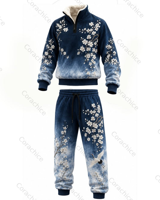 Cardydony Japanese retro art print 1/4 zip-up stand collar thick fleece sweatshirt & sweatpants