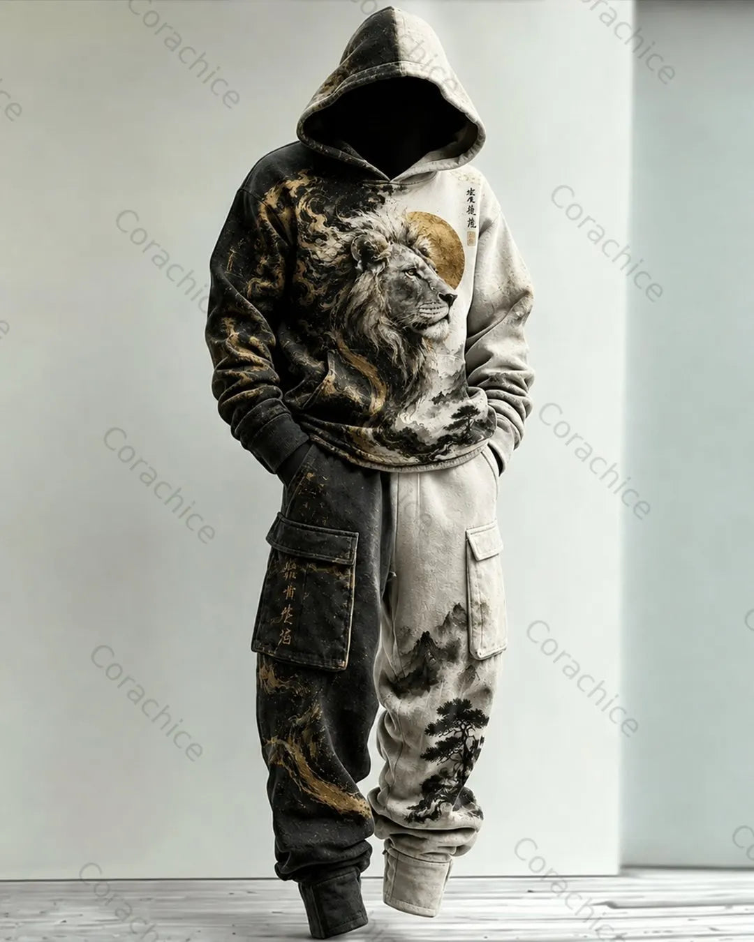 Cardydony Men's Fall and Winter Japanese-Style Printed Hooded & Pants Two-Piece