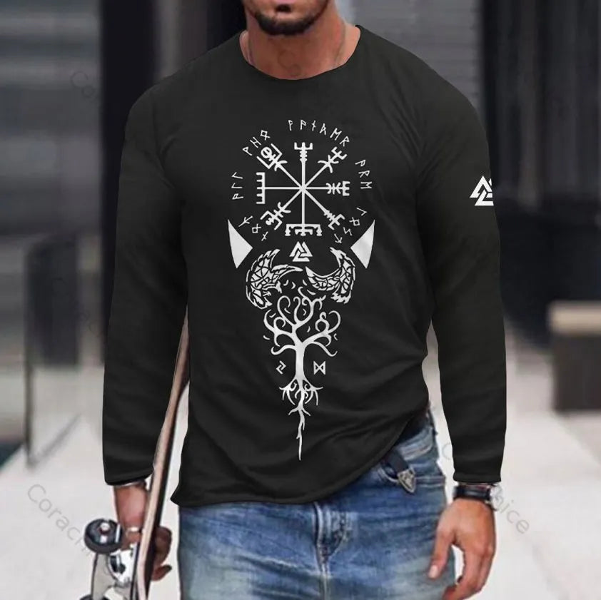 Cardydony Men's Vintage Viking Totem Print Graphics Long Sleeves T-Shirt