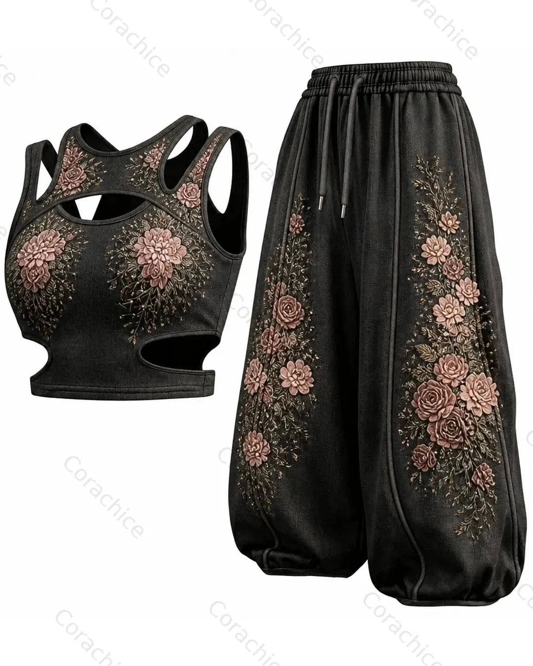 Cardydony Women's Floral Embroidered Gradient Sleeveless Sports Tank Top and Pants Two-Piece Set