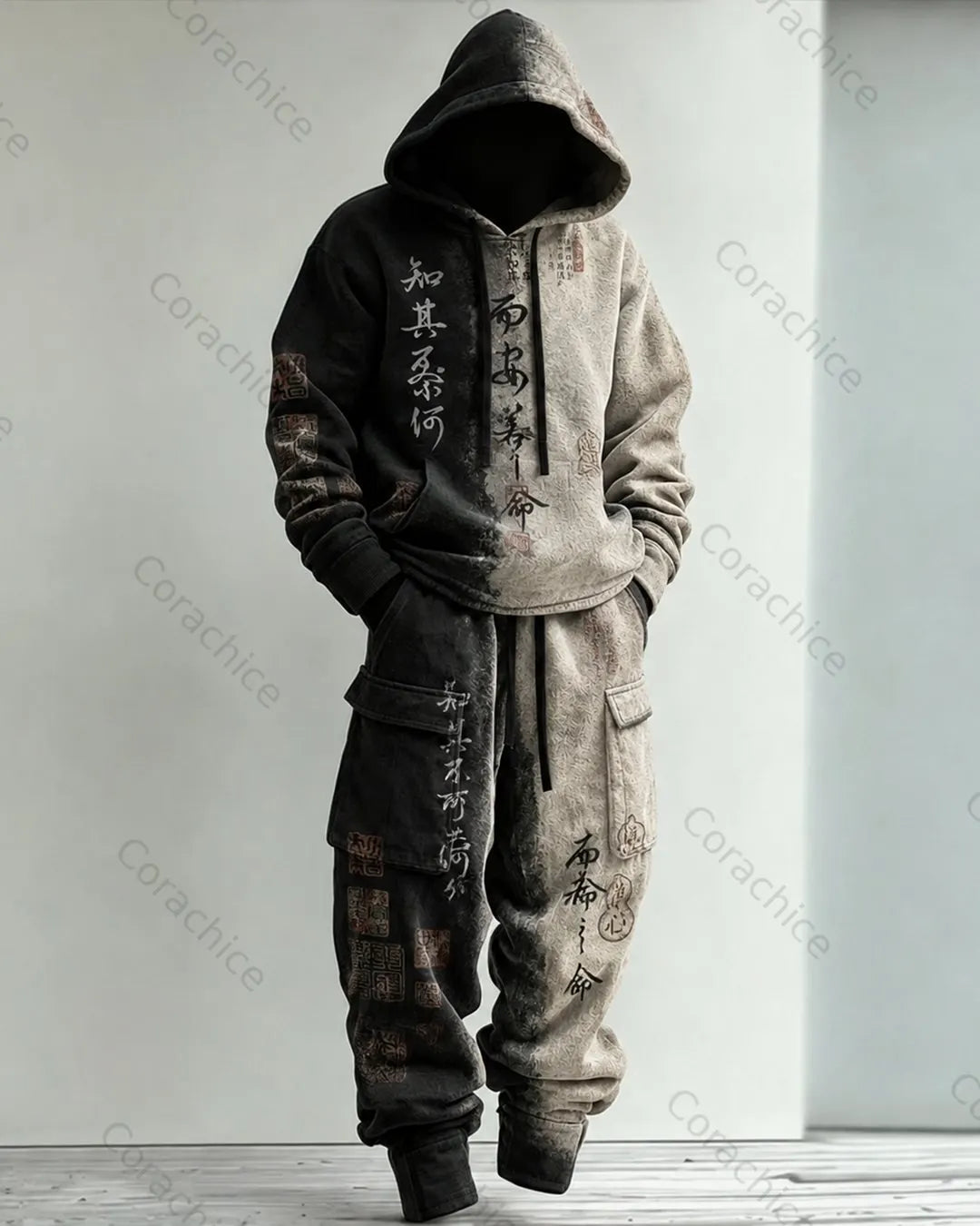 Cardydony Men's Fall and Winter Japanese-Style Printed Hooded & Pants Two-Piece Set5432