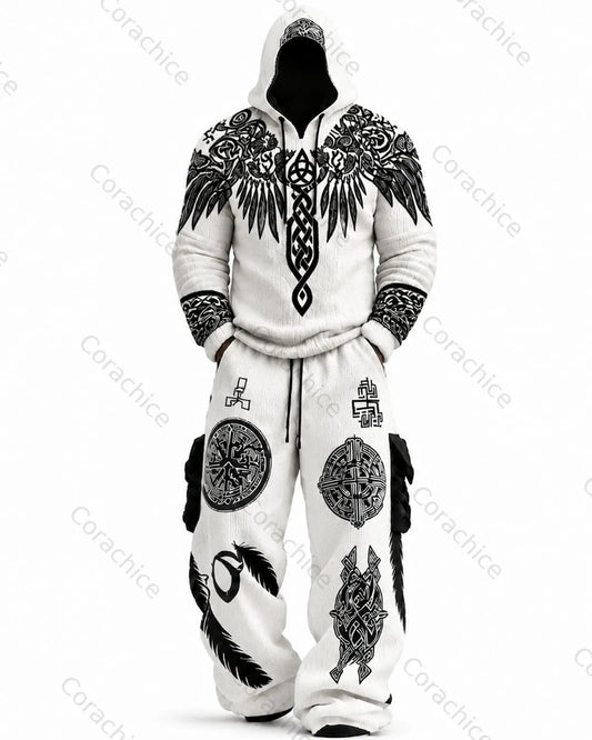 Men's Viking Compass Embroidered Knit Hoodie and Pants Two-Piece Set3024