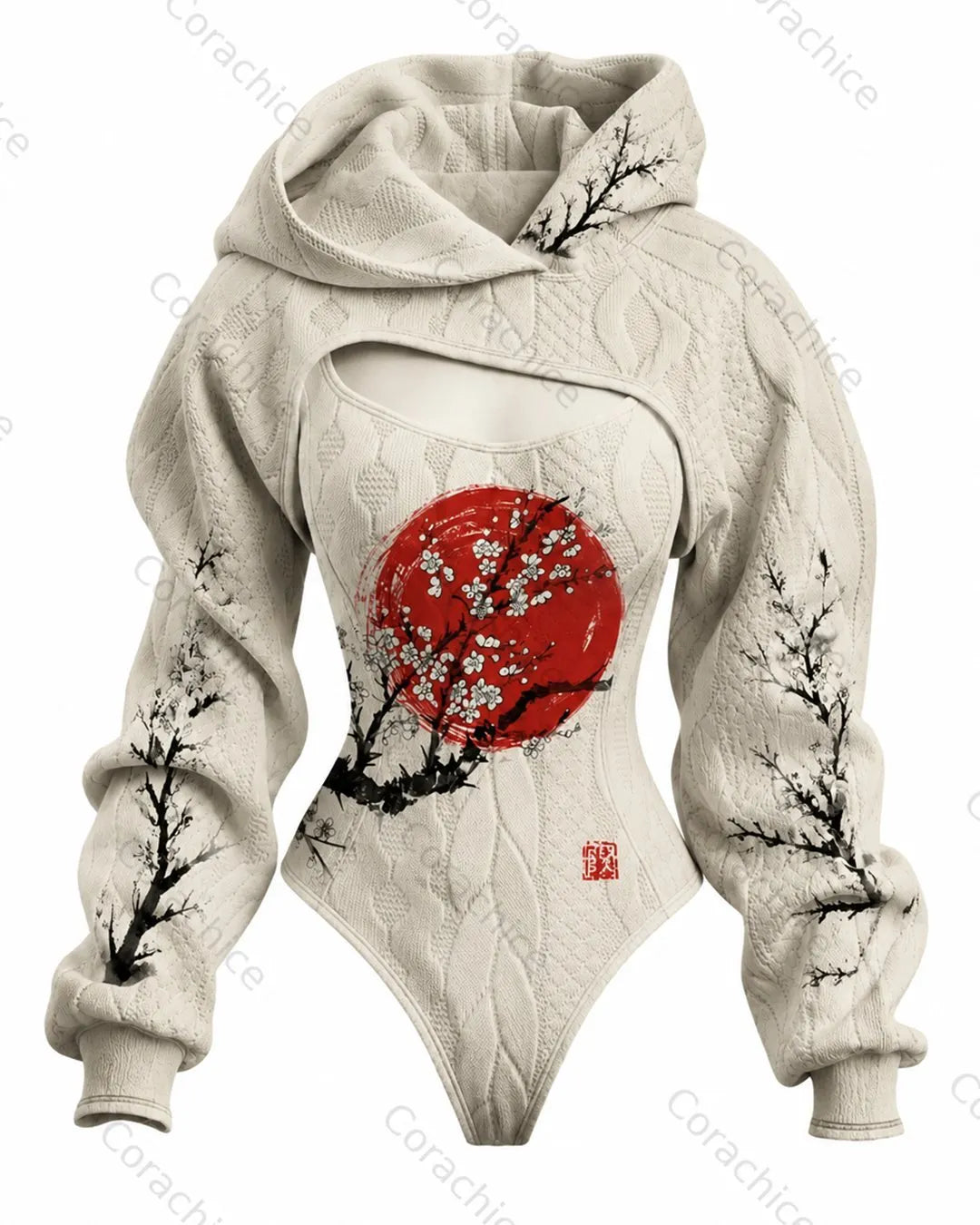Cardydony Women's Japanese-Style Printed Slim-Fit Knit Hooded Jumpsuit