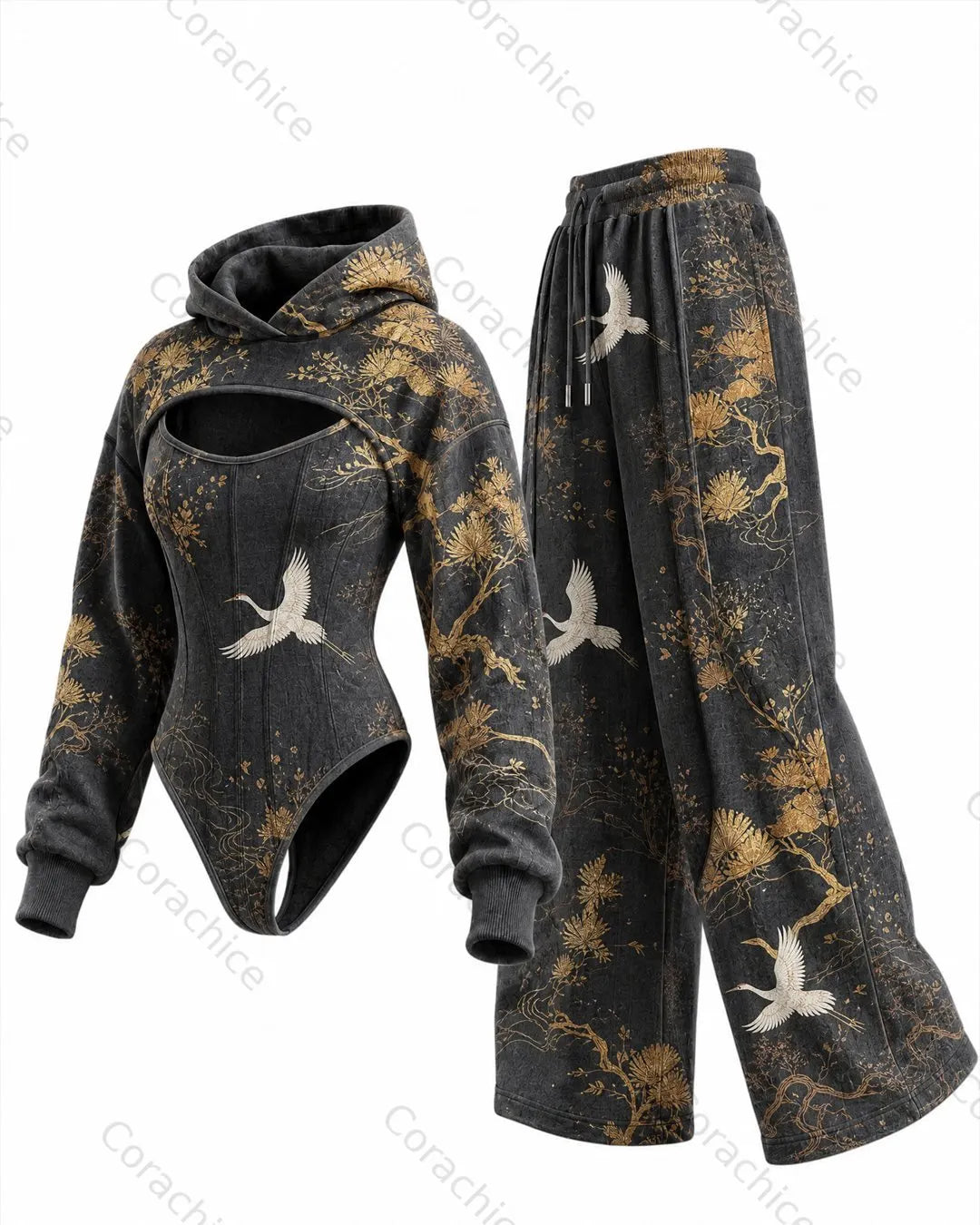 Cardydony Women's Japanese-style printed irregular cut two-piece bodysuit & pants