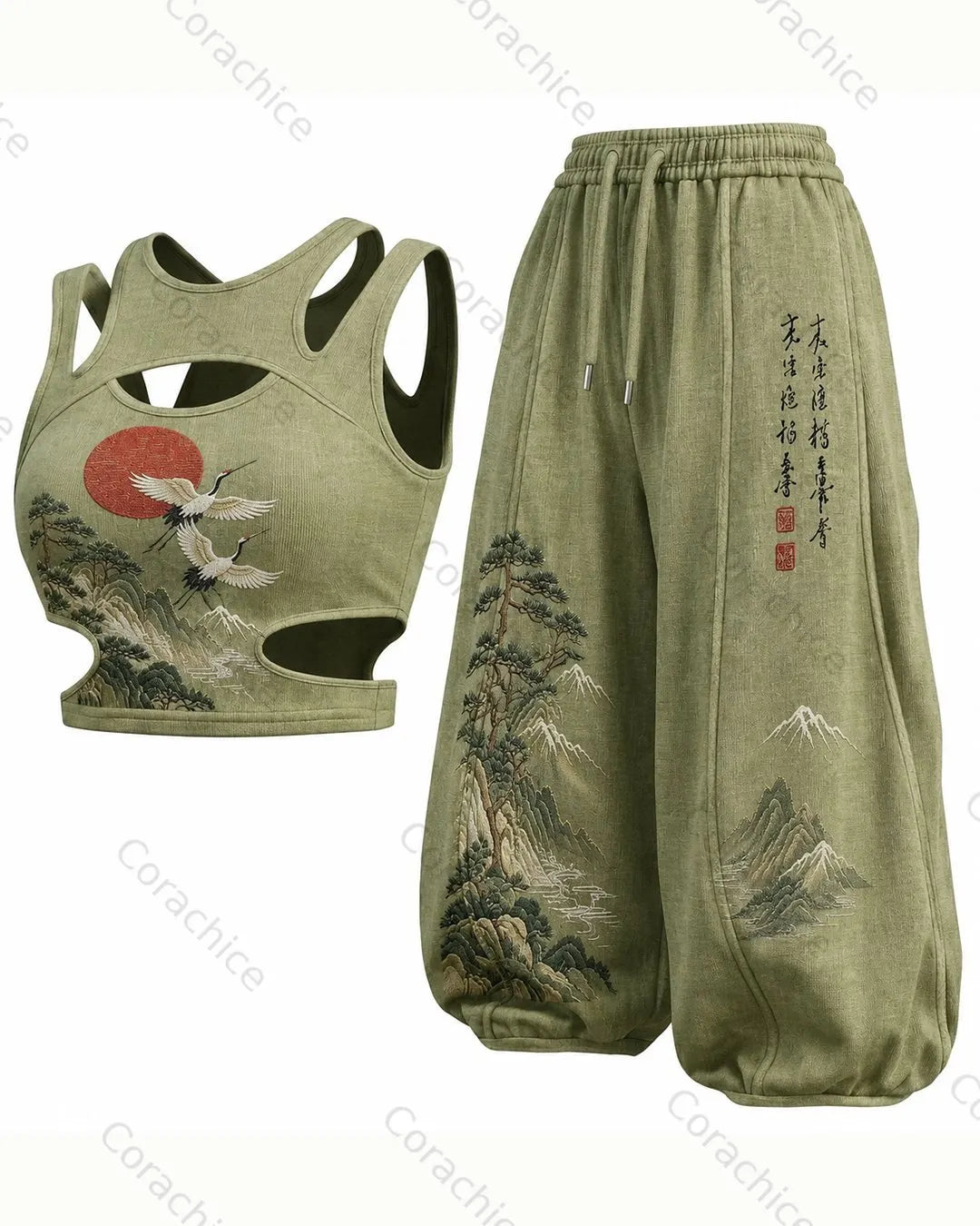 Cardydony Women's Japanese-Style White Crane Print Sleeveless Sports Tank Top and Pants Two-Piece