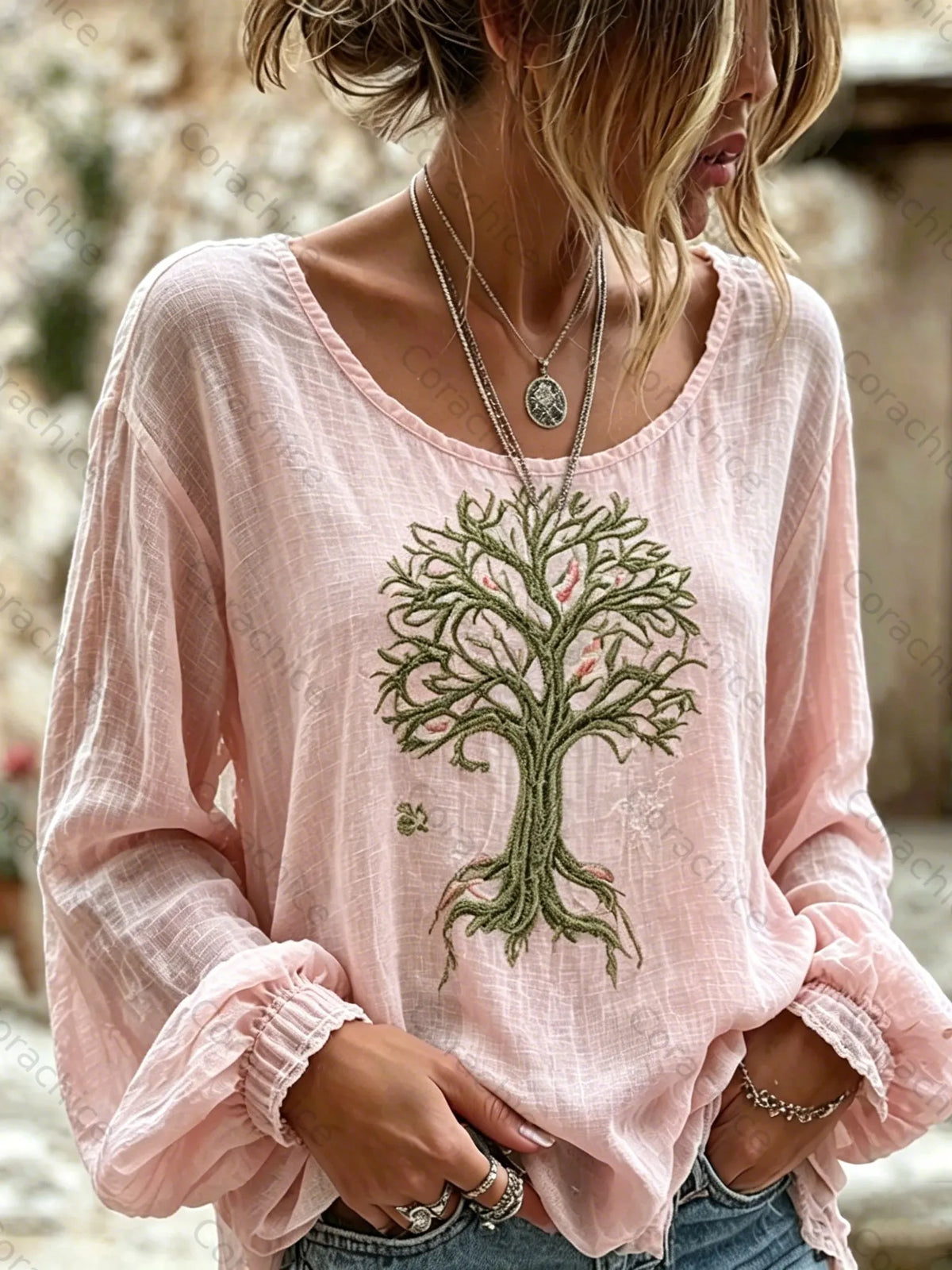 Cardydony Women's Retro Viking Tree Of Life Pattern Casual Linen Blend T-shirt