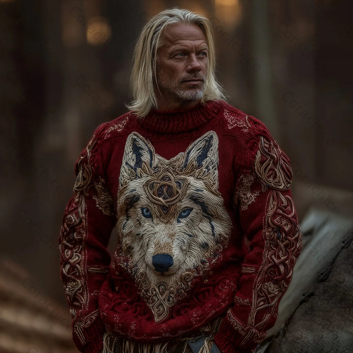 Cardydony Men's Viking Wolf Knit Pullover Sweater