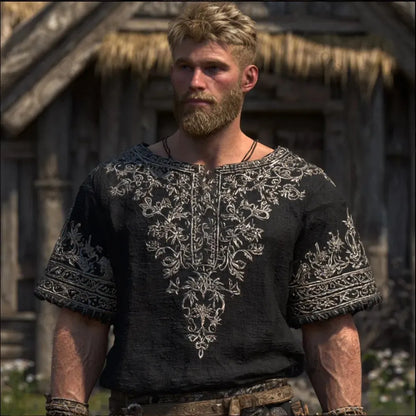 Cardydony Viking Silver Three-dimensional Embroidery Totem Short-sleeved Round-neck Shirt
