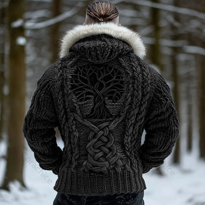 Cardydony Men's Viking Tribal Tree Of Life Celtic Chunky Knit Fuzzy Hooded Zipper Cardigan