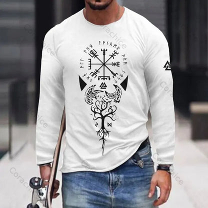 Cardydony Men's Vintage Viking Totem Print Graphics Long Sleeves T-Shirt