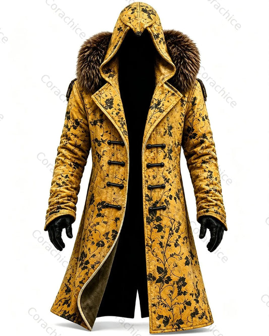 Cardydony Men's Autumn/Winter Retro Japanese Floral Print Faux Fur Collar Long Hooded