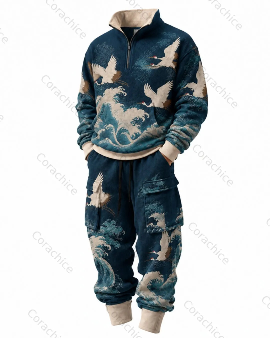 Cardydony Men's Japanese-Style Printed Stand-Collar Waffle-Knit Sweatshirt and Pants Two-Piece