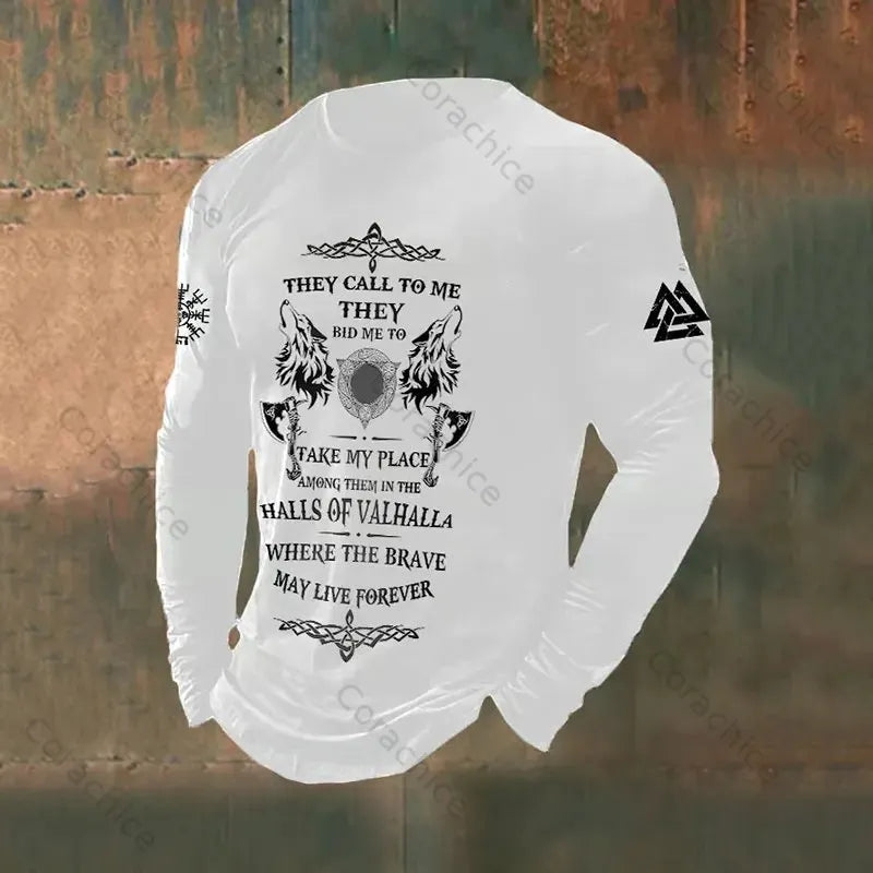 Cardydony Retro Viking Graphics Long-Sleeved T-Shirt